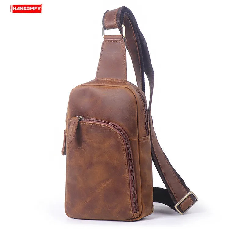 

2022 New Genuine Leather Men Chest Bag Casual Shoulder Messenger Bag Large Capacity Crossbody Bag Retro Crazy Horse Leather Male
