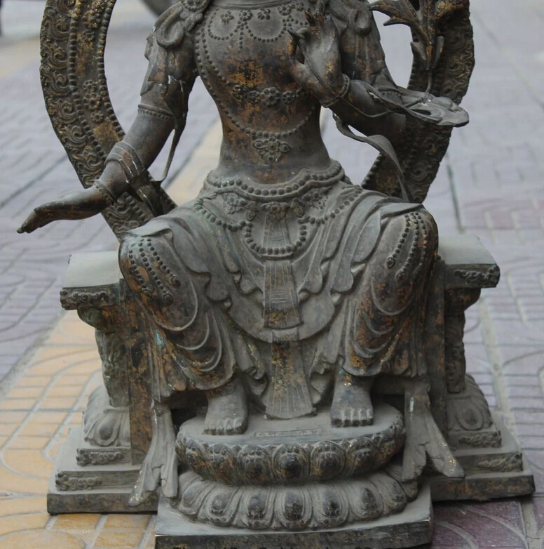 bir 005408 25&quot Old Tibet Buddhism Bronze Gilt Seat Lotus White Tara Goddess Buddha Statue |