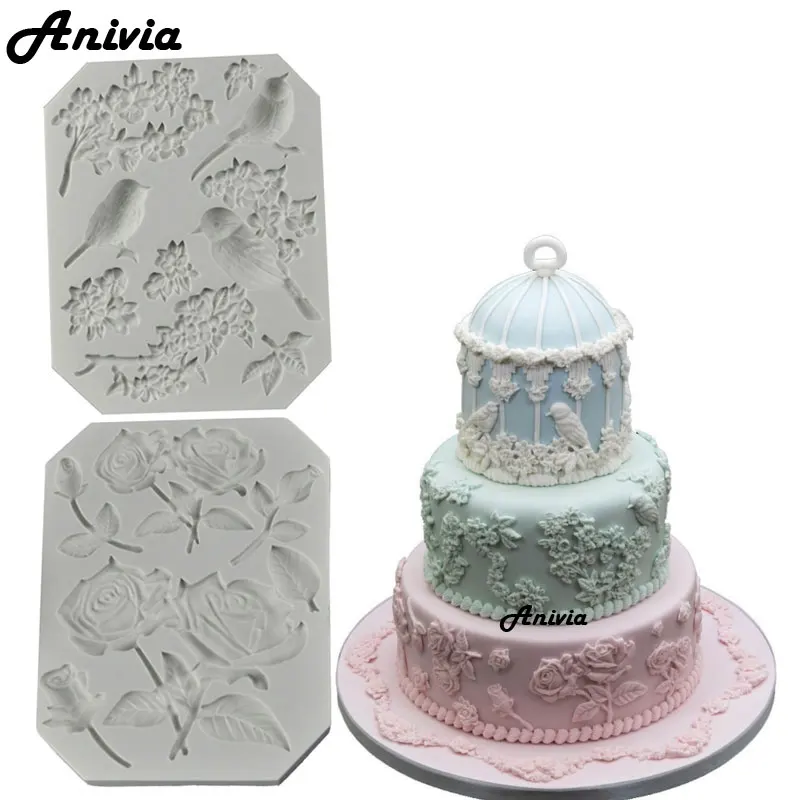 Силиконовая форма для украшения тортов стебли розы птицы и цветы|silicone mold|gumpaste