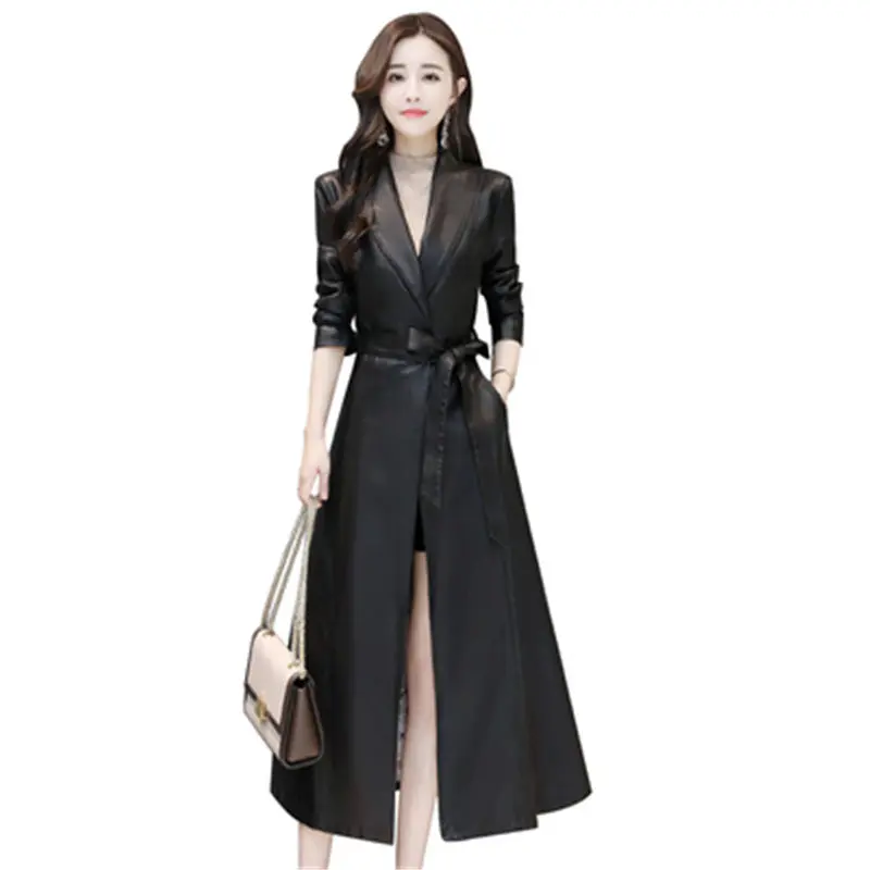 spring new women's leather leather women's long section over the knee Korean version of the slim belt sheep leather jacket 662