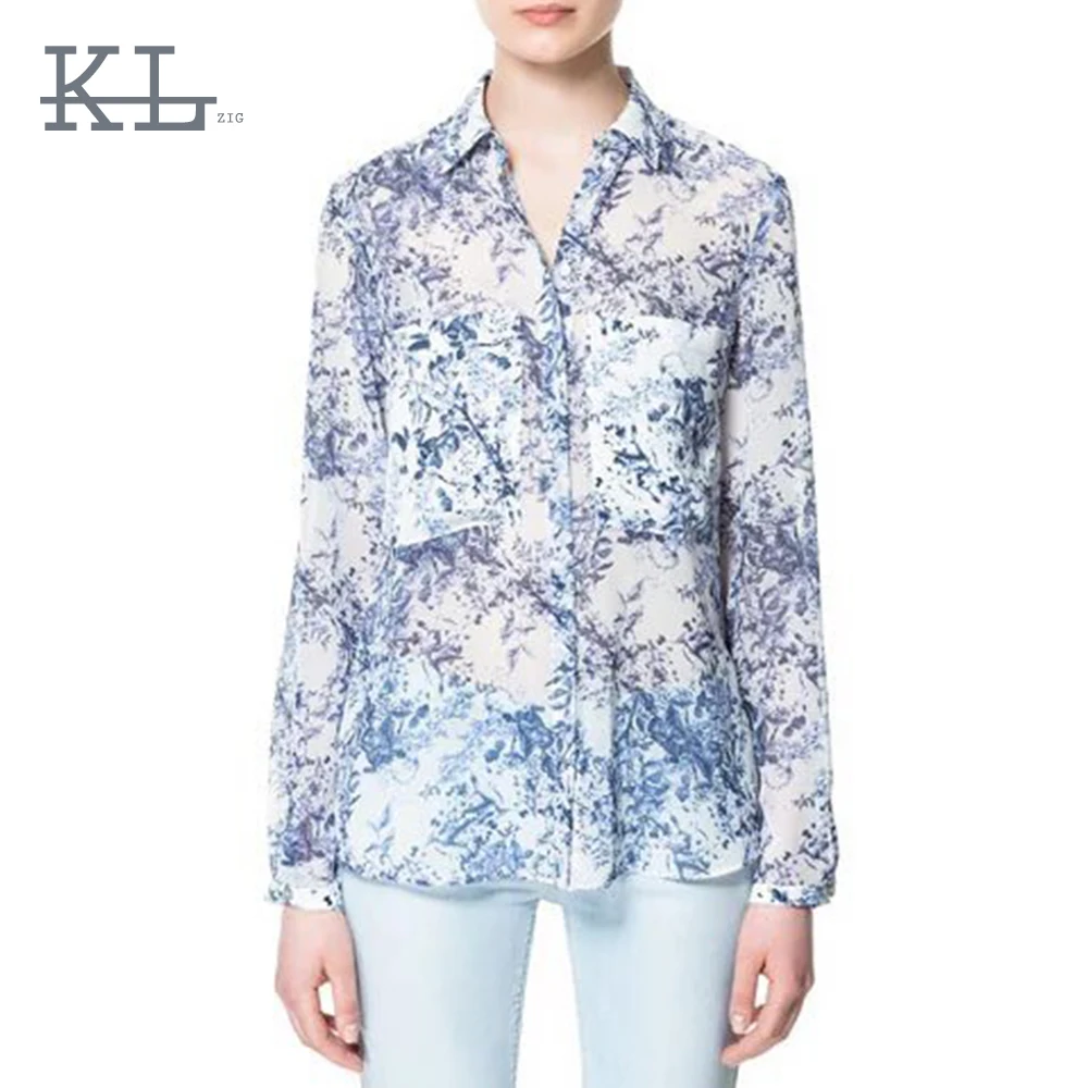 Новый Женский Голубой Цветок Шаблон Печатной Полный рукавом отложным Воротником