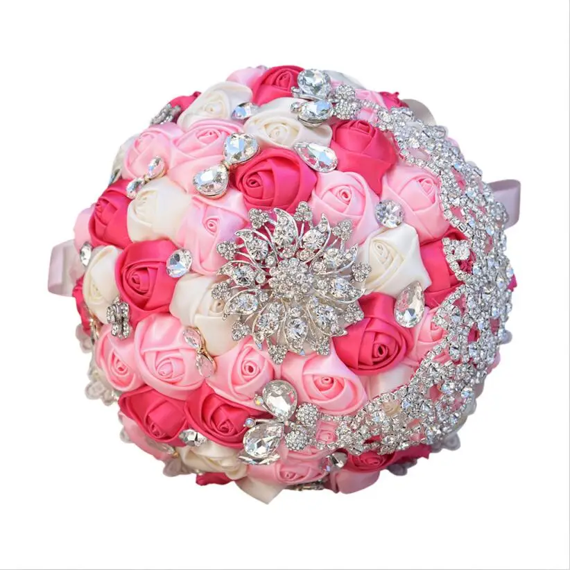 Fuchsia Pink JaneVini Роскошная атласная роза ручной работы свадебные букеты со стразами Свадебные цветы Ramo Novia Flor искусственные - Цвет: Fuchsia Pink