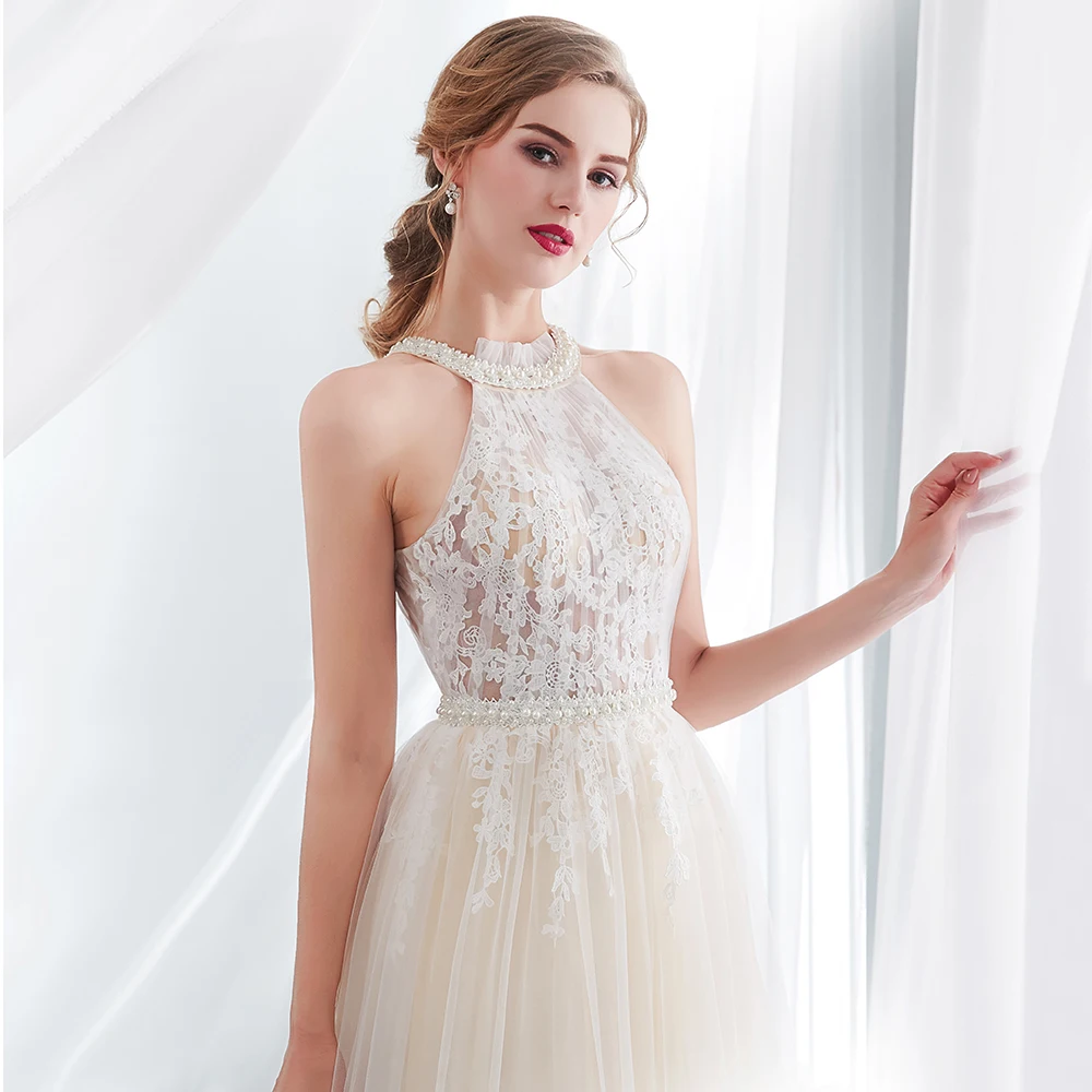 Charming Bohemian Lace Waist Pearls Evening Dress Sexy Illusion Button Back Tulle Gown Robe De Soiree | Свадьбы и торжества