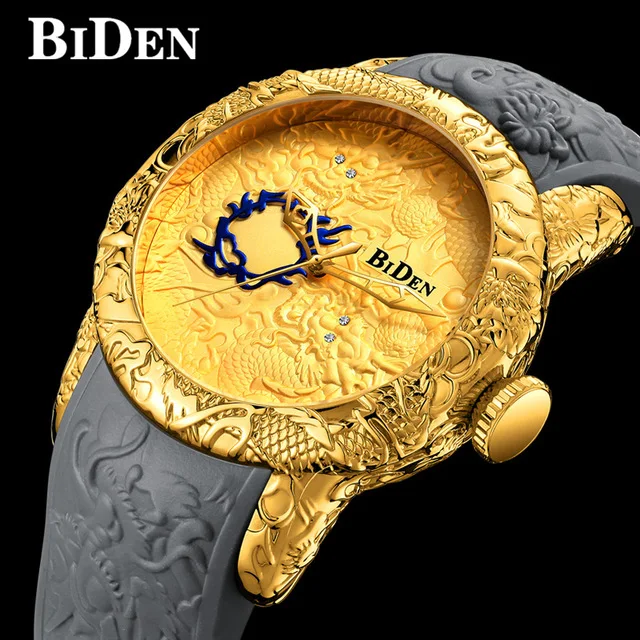 Модные мужские часы с 3D гравировкой Dragon LuxuryTop брендовые кварцевые
