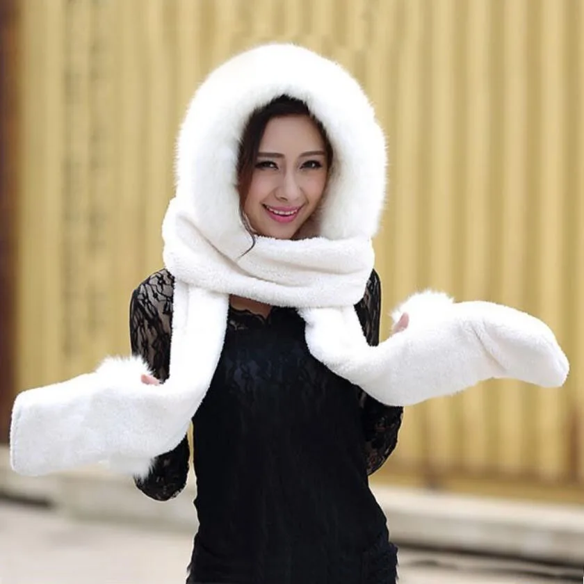 

Hot selling new women winter warm soft plush faux fur hooded cap scarf gloves Girls thick cashmere hats scarves and gloves sets