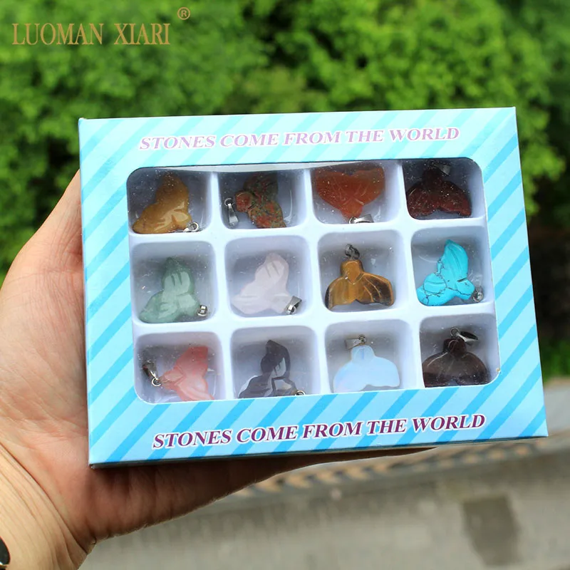 Wholesale 12 PCS Mix Color Boxed Natural Stone Fishtail Shape Charm Pendant DIY Fit Necklace For Jewelry Making 15*20 mm | Украшения и