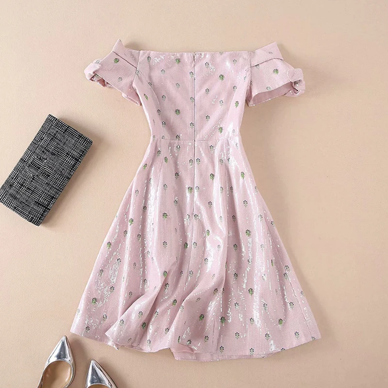 HIGH QUALITY New Fashion 2018 Designer Runway Dress Women's Slash Neck Stylish Sequined |