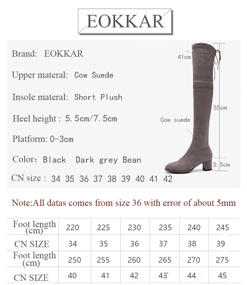 

Eokkar 2018 New Fashion Women Shoes Women Over Knee High Boots Square High Heel Pointed Toe Cow Suede Winter Boots Size 34-42