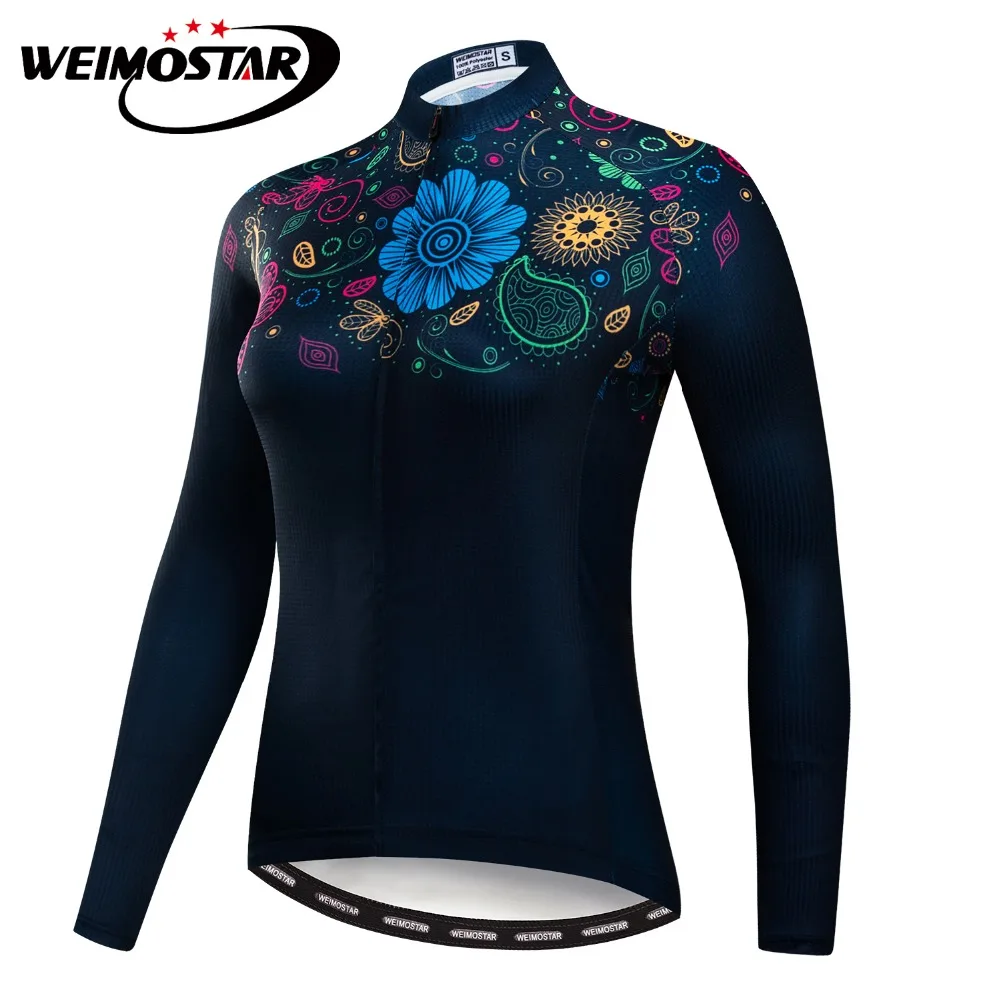 Camiseta de manga larga de Ciclismo para mujer, con estampado de flores negras Maillot, ropa de otoño para Ciclismo de montaña