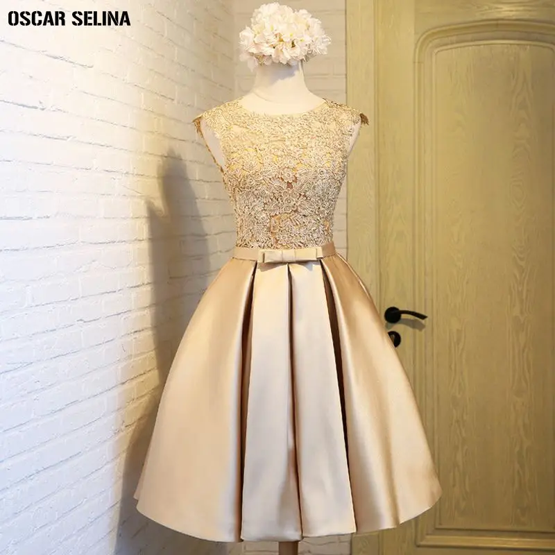 Custom wedding guest dress2019 Scoop neck lace satin A Line champagne gold silver burgundy Blush pink bridesmaid dresses short | Свадьбы и