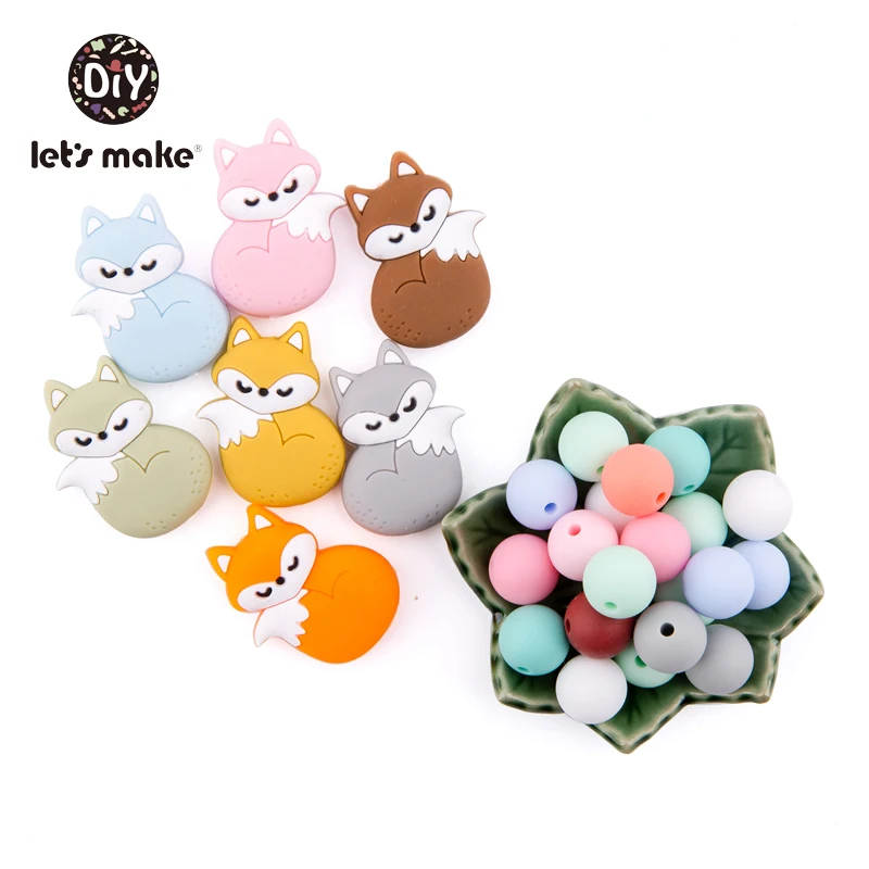 Let's Make Silicone Beads Teething Cartoon Fox Bead Animals 5pcs DIY Pacifier Clip For Children Newborn Baby Teething Toys