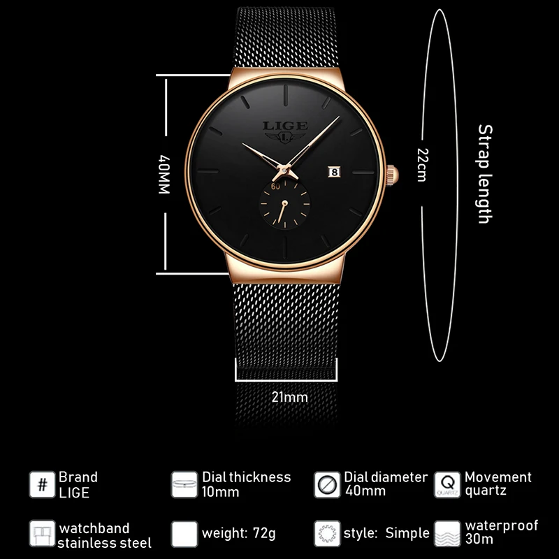 LIGE Fashion Casual Waterproof Quartz Wristwatch Men's Watches Top Brand Luxury Ultra-Thin Date Sports Watch Relogio Masculino | Наручные