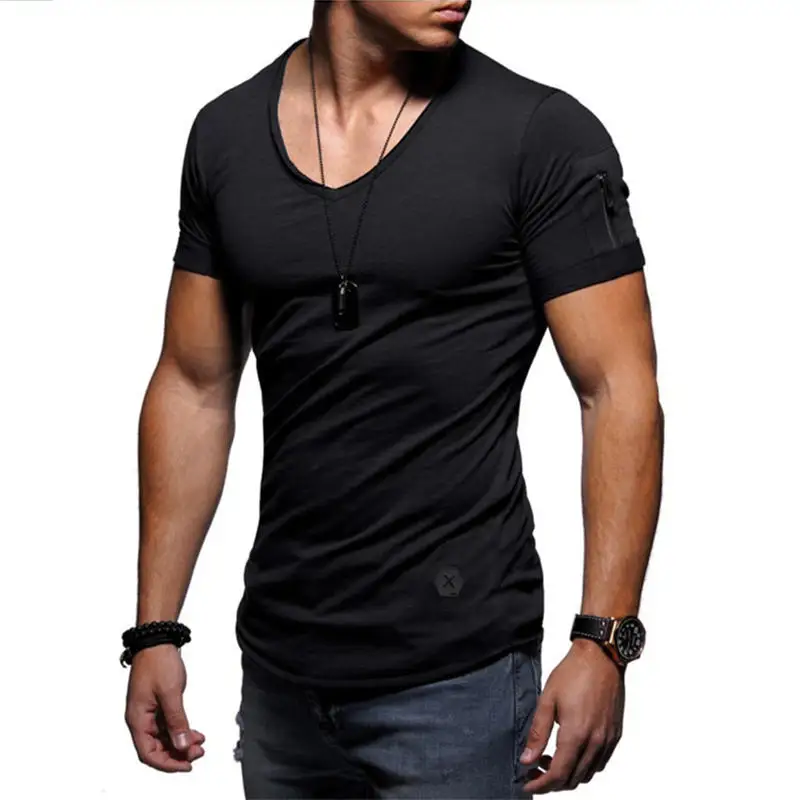 

2021 New V Collar Tshirt Men Fitness Bodybulding T-Shirt High Street Summer Short Sleeve Zipper T-Shirts Tops Plus Size S-5XL