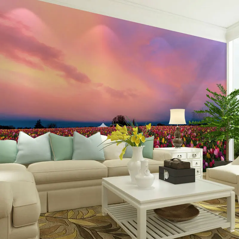 beibehang tulips field under sunset light pattern beautiful nature landscape scenery hd photo prints wall decal murals wallpaper |