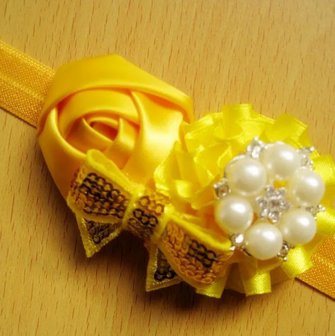 

50pcs Yellow Ribbon Rose with pearl-Flower-Lace-Headband-Headwear-Hair-Band