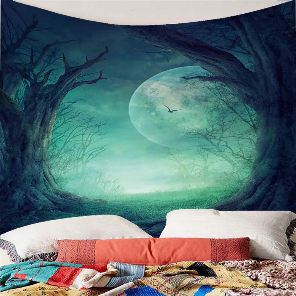 3D Лес Ночь Луна настенный гобелен полиэстер покрывало общежитие покрытие хиппи