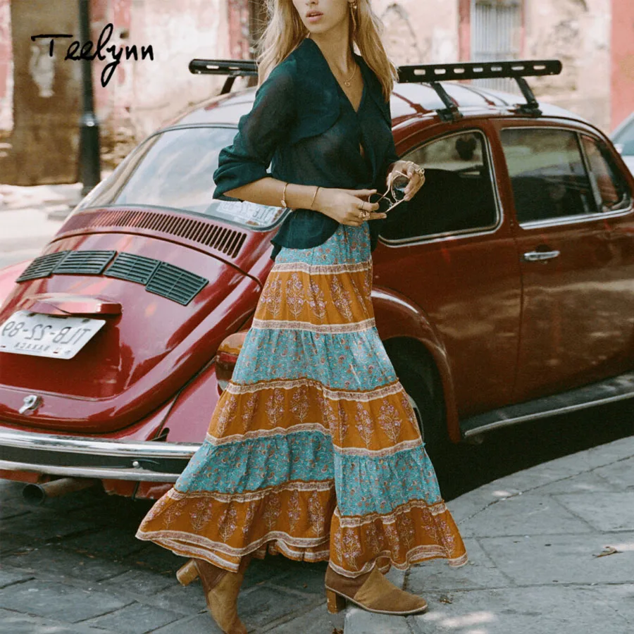 TEELYNN boho юбка для женщин осень искусственный шелк цветочный принт большие качели Бохо юбка Пляжная одежда Повседневная хиппи длинные юбки falda
