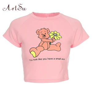 Женская футболка с коротким рукавом ArtSu Kawaii Cartoon Pink Top Y2K, летняя повседневная Милая футболка, женская одежда
