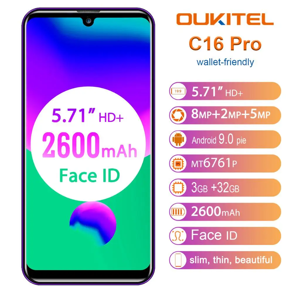 OUKITEL C16 PRO смартфон с 5 7 дюймовым дисплеем четырёхъядерным процессором MT6761P ОЗУ 3 ГБ