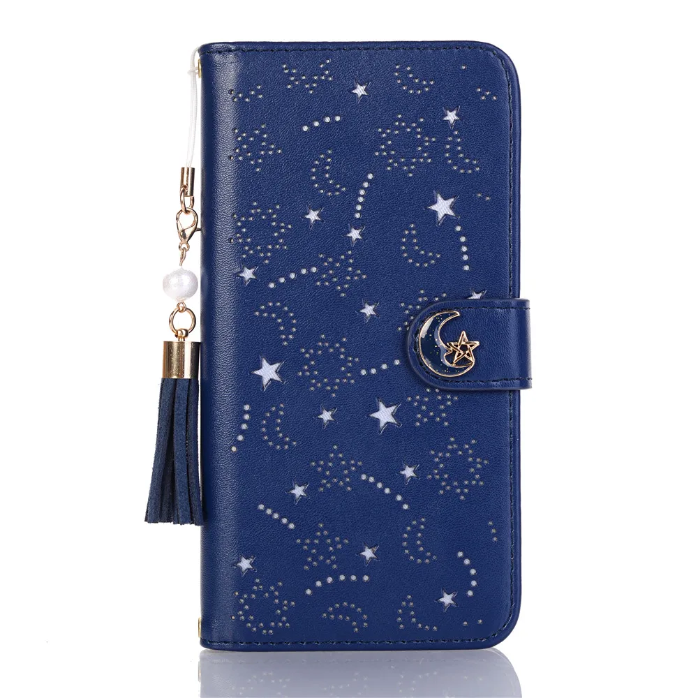 Dark Blue Роскошный кожаный чехол-книжка с кисточкой и жемчугом для Iphone X, 8, 7, 6, 6S Plus, Xs Max, Xr, милый Магнитный кошелек со звездами и месяцем, чехол-книжка 360 - Цвет: Dark Blue