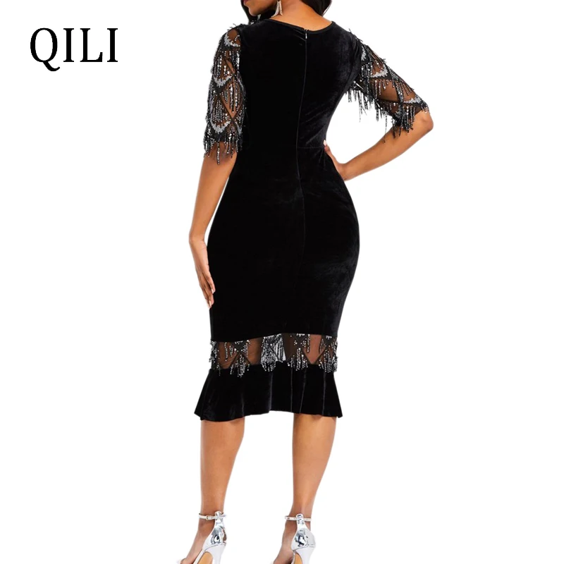 QILI Tassel Sequin Dress Elegant Lady Plaid Mesh Patchwork Ruffles Bodycon Dresses Half Sleeve O Neck Office | Женская одежда