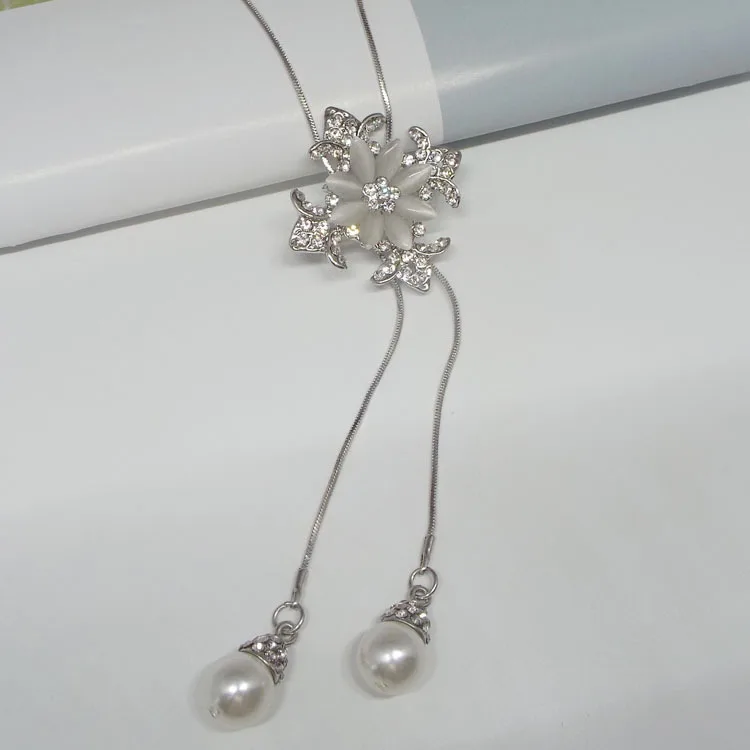 Best Selling Cat Eyes Full Of Rhinestone Flowers Autumn And Winter Fashion Sweater Chain Imitation Pearl Tassel Long Necklace | Украшения и