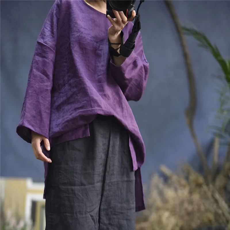 Purple SCUWLINEN Весна Осень Женские топы винтажный Однотонный пуловер с длинным рукавом размера плюс свободная льняная футболка повседневные топы Zen P002 - Цвет: Purple