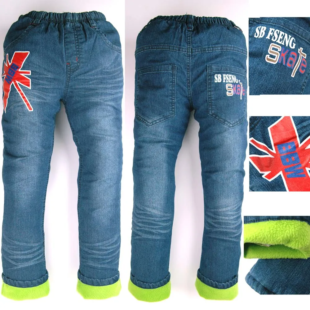 

Boys 6-9 Years Warmed Jeans Letters Red Print Children Winter Denim Trousers Teens Fleece Pants Kids MH 9288