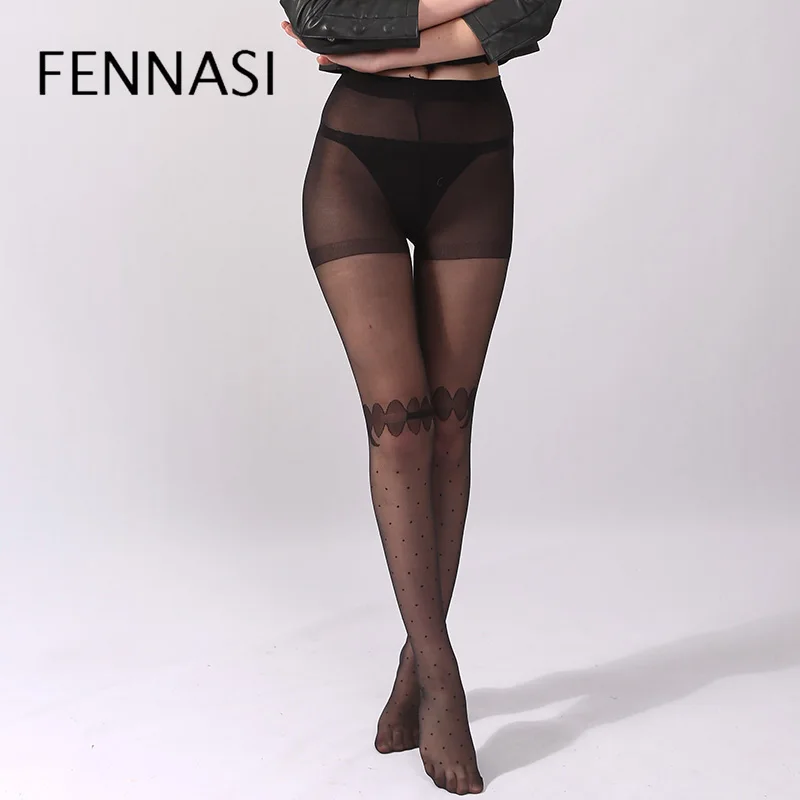 Женские жаккардовые нейлоновые колготки FENNASI черные в горошек с цветочным