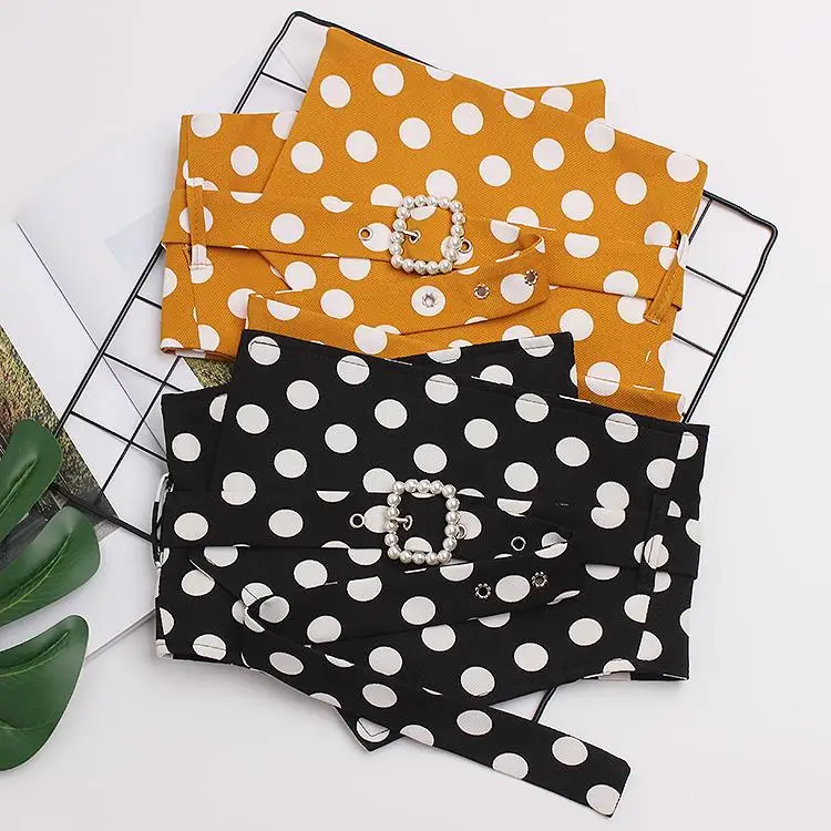 Vintage Dot Print Cummerbund Women Fashion Bandage Bow Chain Wide Belts for Women Pearl Buckle Belt Women's Clothing Accessories