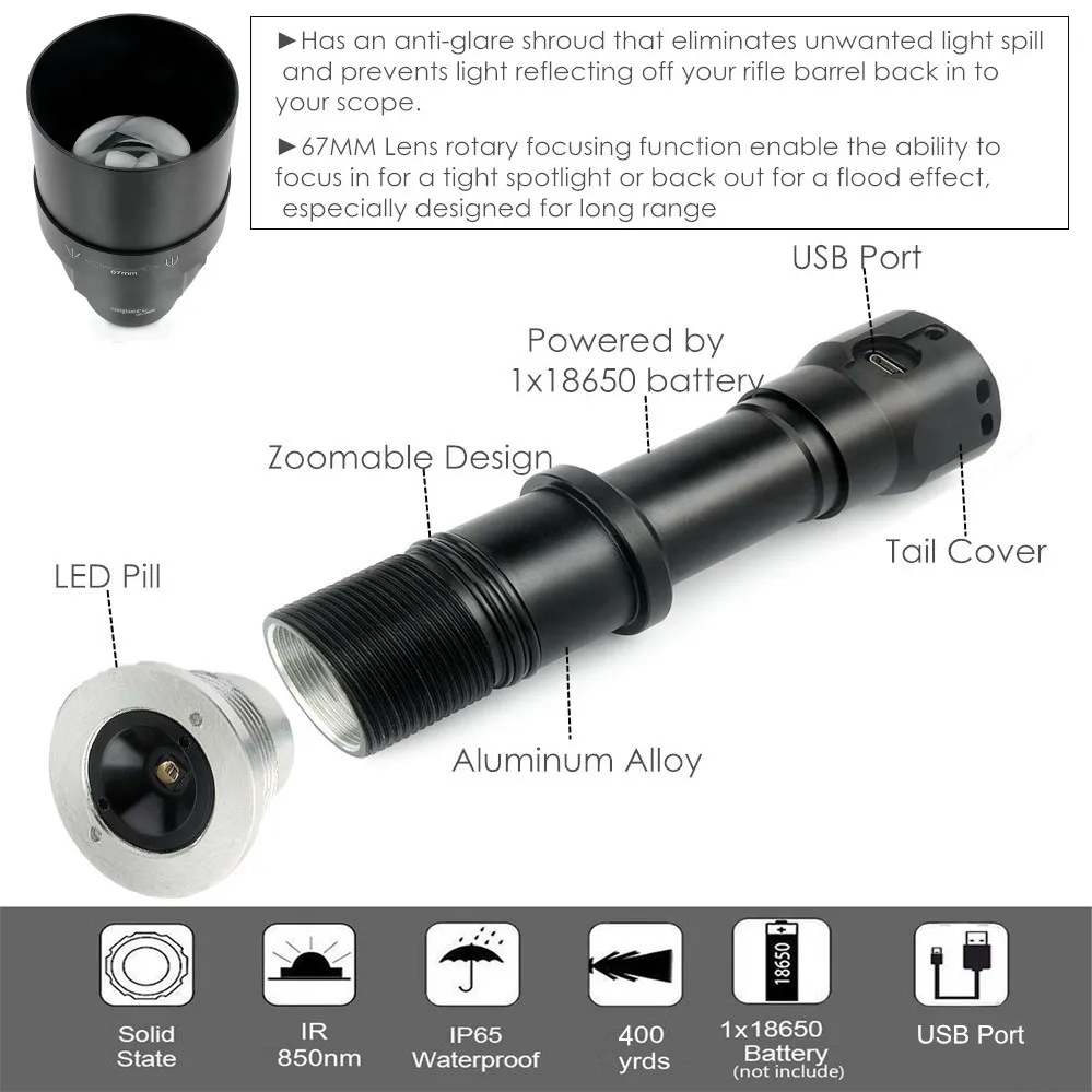 Инфракрасный светильник UniqueFire 1605 T67 IR 850NM 3 режима ночного видения с USB интерфейсом
