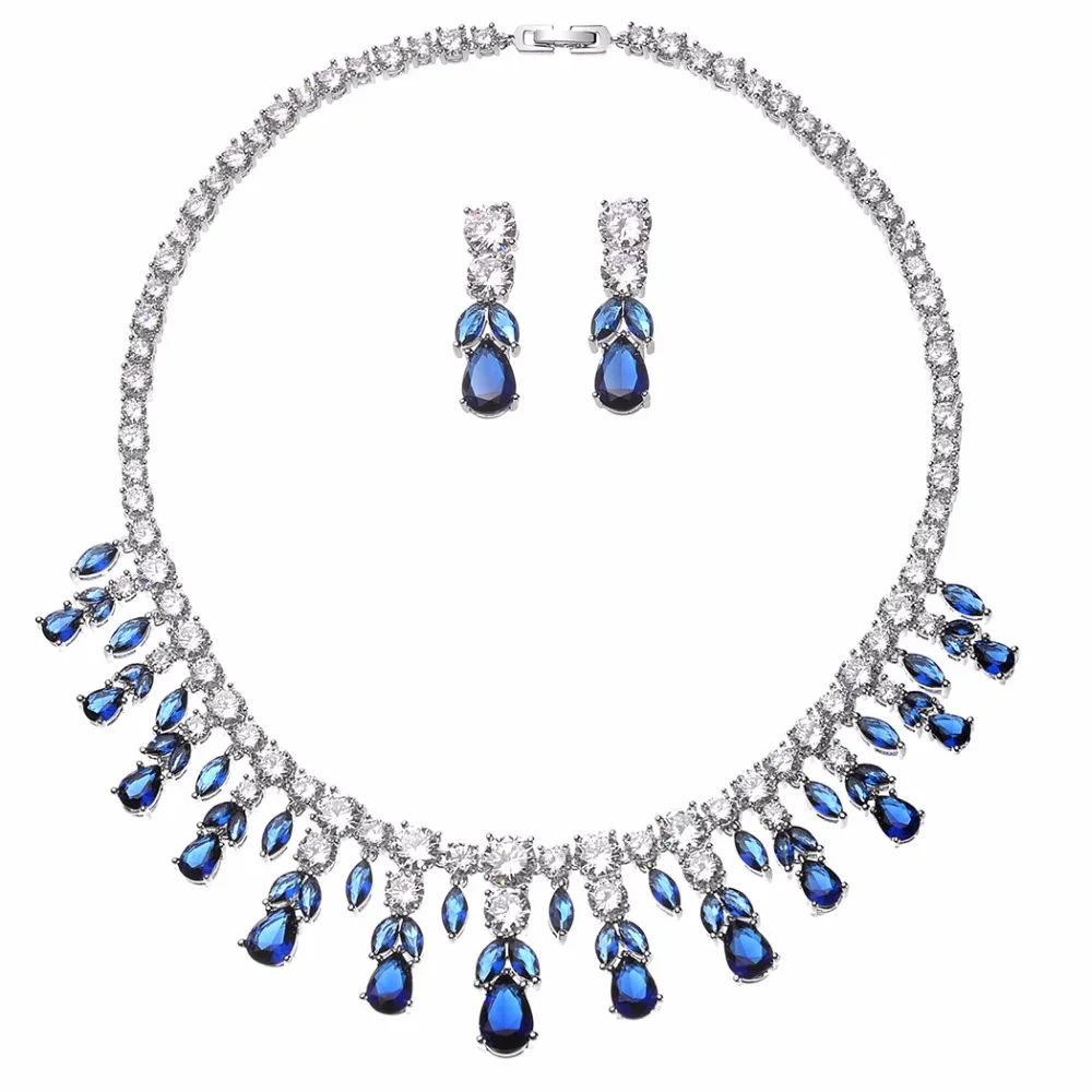 

Luxury Blue Red Clear AAA Zirconia Wedding Jewelry Sets CZ Stone Choker Necklace and Earrings Sets Bridal Jewelry Sets for Women