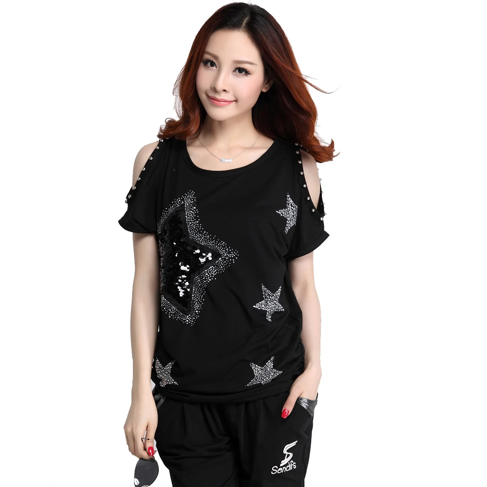 Женская футболка с открытыми плечами camisetas mujer женская модные топы одежда черный