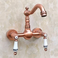 antique red copper brass wall mounted dual ceramic handles kitchen sink faucet bathroom basin mixer taps swivel spout mrg033