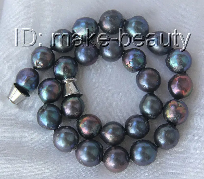 

stunning big 15mm round black keshi reborn freshwater pearls necklace h2594