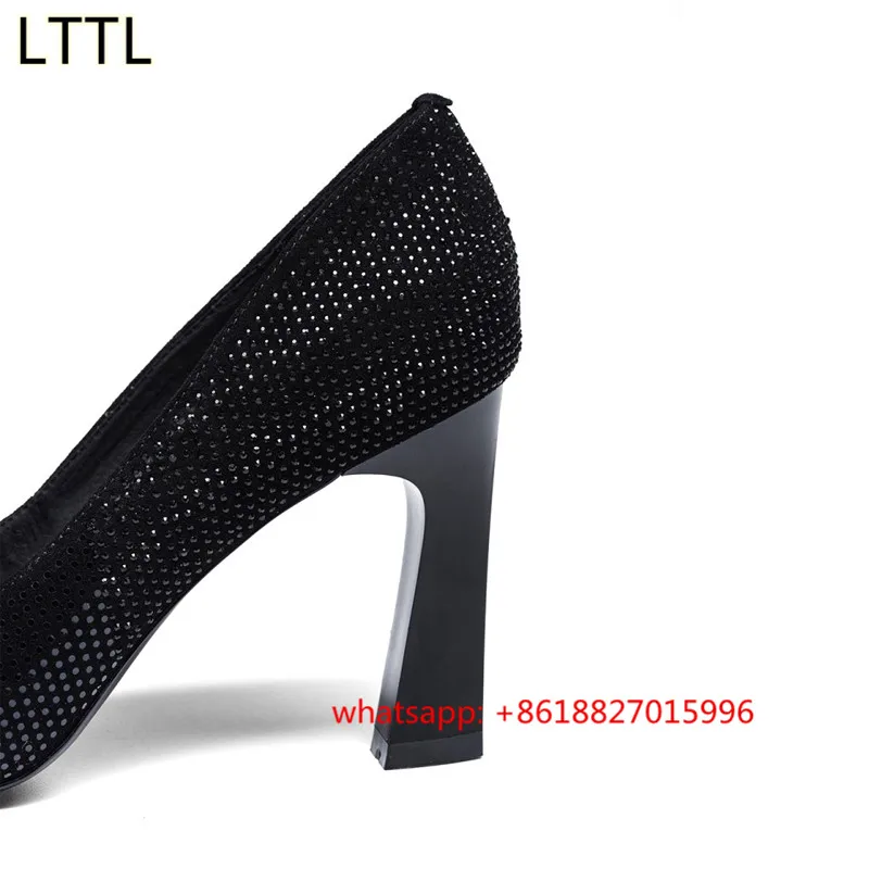 Бренд Дизайн Острым Носом Толстые Высокие Каблуки Роскошный Горный Хрусталь