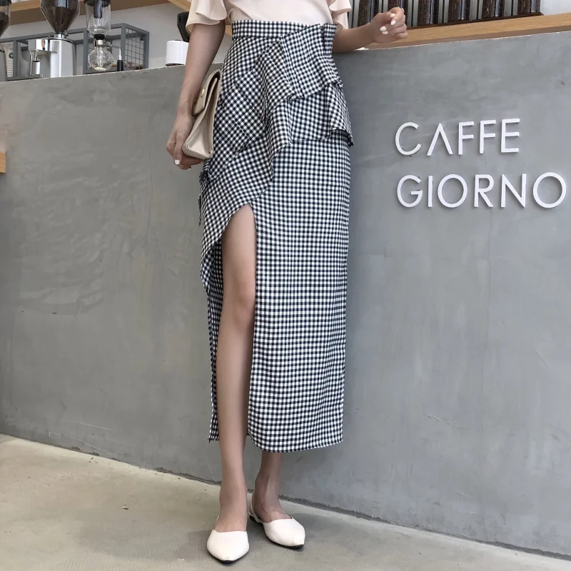 Lychee/Женская клетчатая Асимметричная летняя юбка с оборками длинная высокой