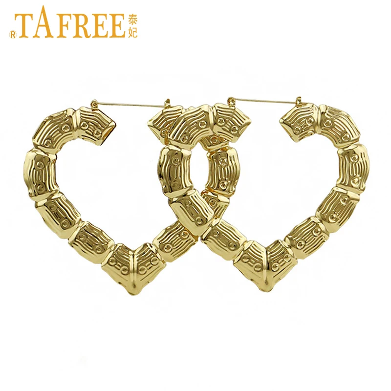 

TAFREE Fashion Big Hip-hop Bamboo Hoop Earrings Gold Plate Alloy Heart Shape Circle Earrings For Women Bijoux Jewelry E0019
