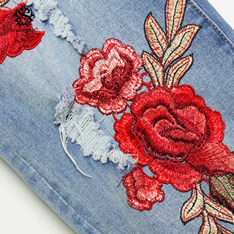 2018 New Plus Size Stretchy Ripped Jeans With Scuffs 3D Embroidery Flowers Woman Denim Pants Trousers For Women 4-S-AM081 |