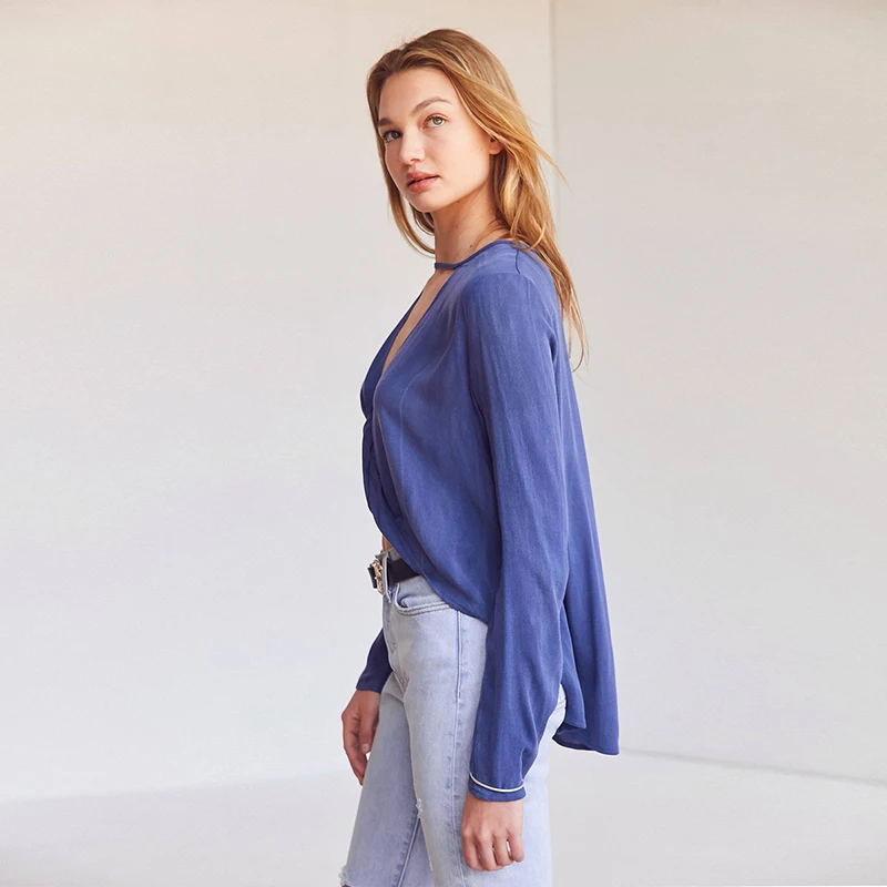 HDY Haoduoyi Apparel Solid Color Deep V neck Hollow Out Sexy Women Shirts Full Sleeve Lace up Ruched Tops Loose Casual Blouses|casual blouse|women