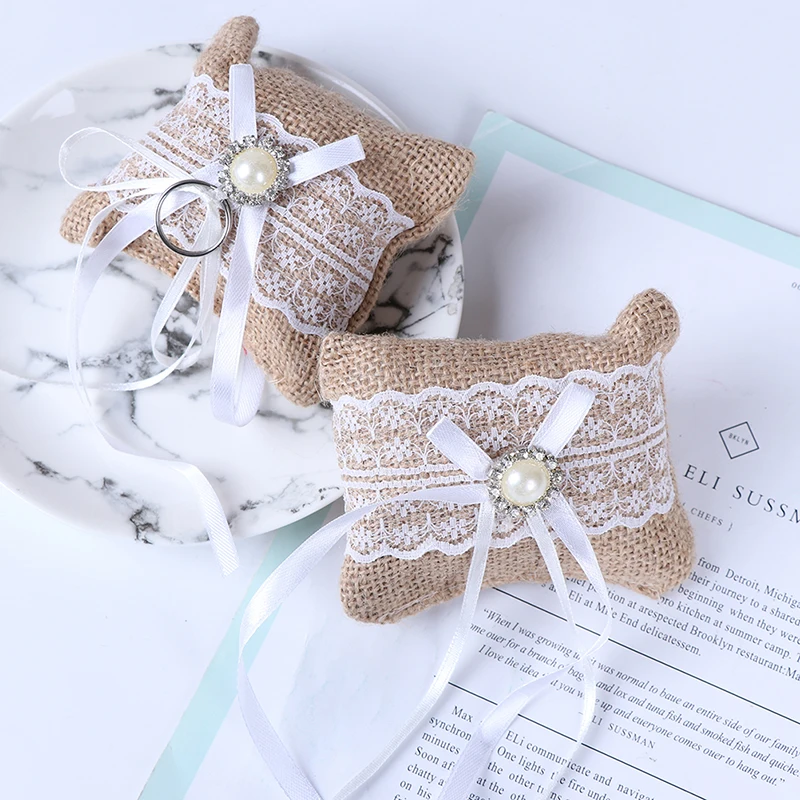 

Lace Bow Ring Pillow Vintage European Style for Wedding Engagement Decoration Jewelry Rings Cushion Vintage Burlap Jute Cushion