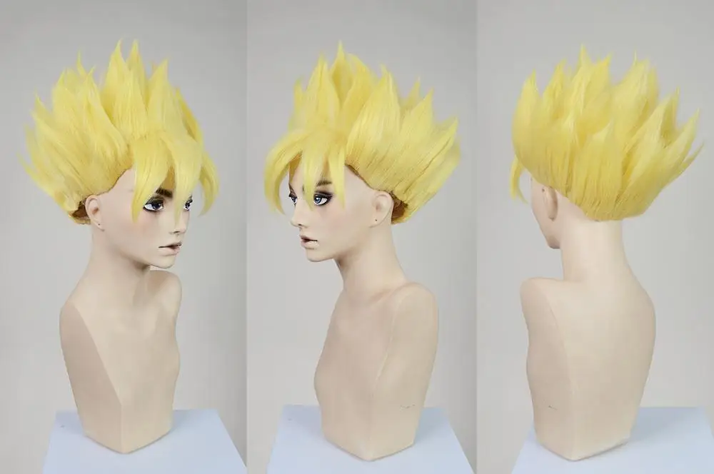 Золотой Dragon Ball Z GOKU золотой блондин синий Аниме Косплей Костюм парик+ парик шапка+ трек - Цвет: Золотой
