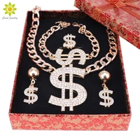 gold color dollar sign pendant jewelry set dollar with rhinestone pendant necklace earrings ring braceletgift boxes