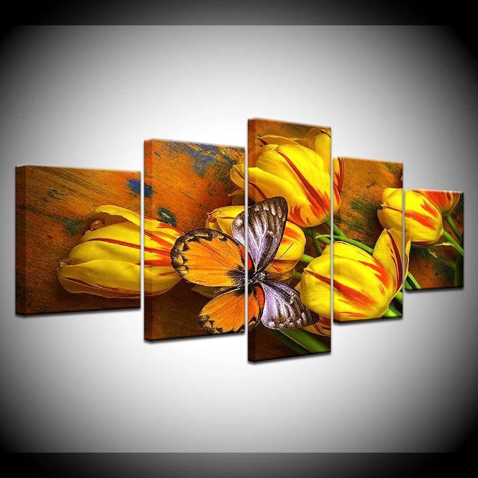 

Canvas Wall Art Pictures Home Decor 5 Pieces Yellow Tulips And Butterfly Paintings HD Printed Flowers Poster Modular Framework