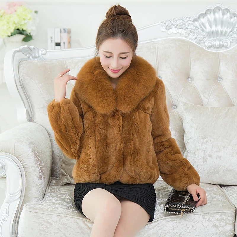 

Пальто из натурального меха кролика Рекс, верхняя одежда для женщин, Воротник из натурального Лисьего меха, длинный рукав, жакеты из натурал...