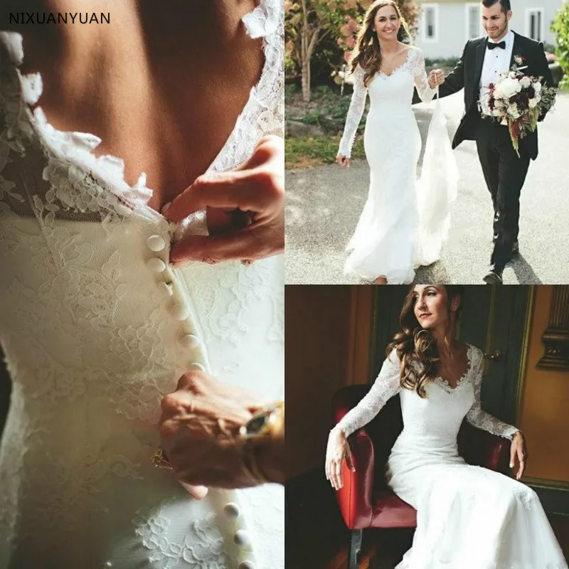 

Long Sleeve Mermaid Wedding Dresses 2021 V Neck Backless Sweep Train Lace Appliques Garden Beach Bridal Gowns Vestido De Novia