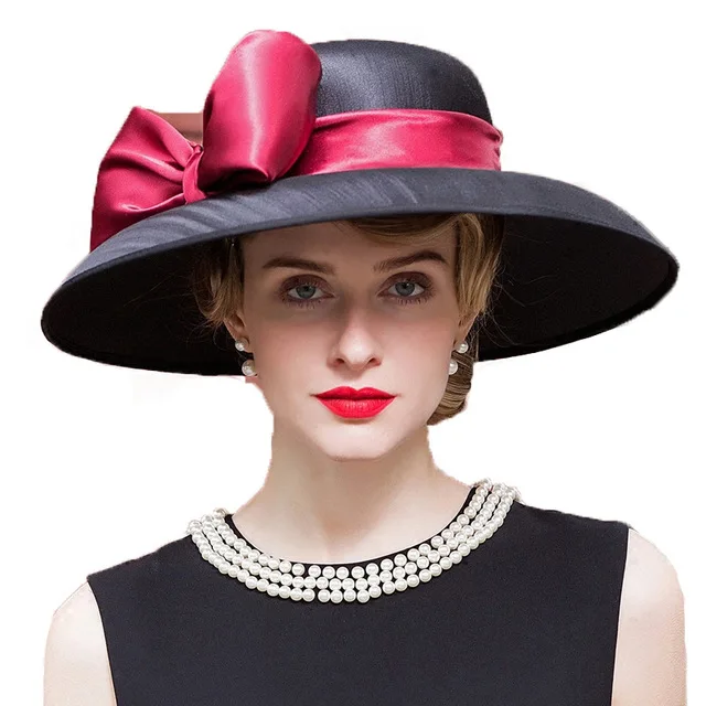 Black Fedora Hat FS королевская Шляпа Fedora дамское свадебное платье церковные шляпы женские элегантные с большим бантом широкими полями черные хаки женские Kentucky котелок - Цвет: Black Fedora Hat