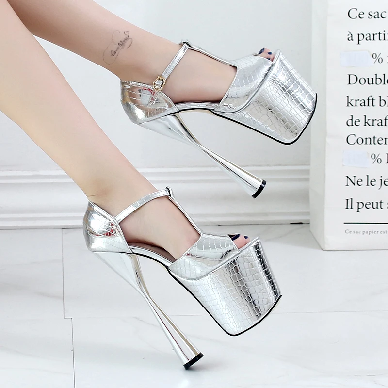 LLXF zapatos/Большие размеры: 34-42, 43, летние золотистые босоножки с Т-образным ремешком пикантная обувь на тонком высоком каблуке 20 см для ночного клуба женские туфли-лодочки на шпильке