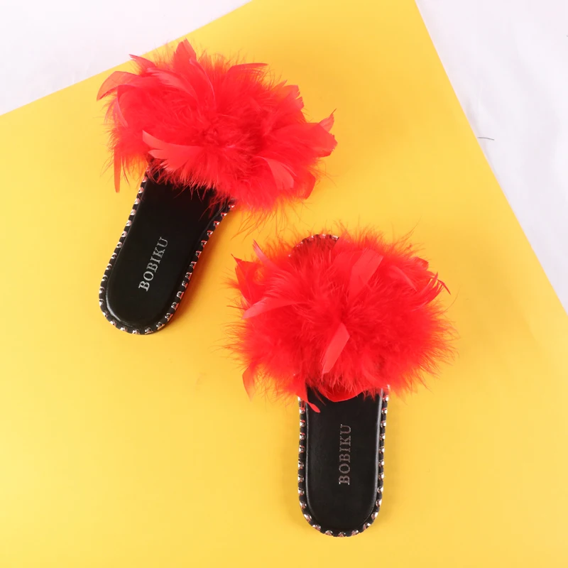 Тапочки с перьями страуса Летние Нескользящие тапочки на плоской подошве