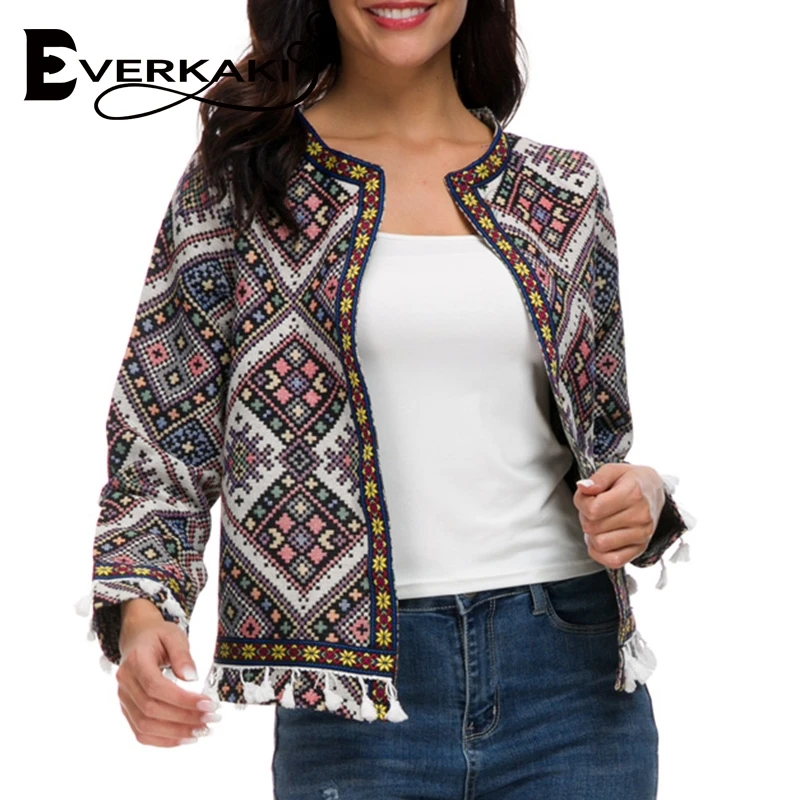 Everkaki Boho Женская куртка с принтом пальто кисточками клетчатая модная